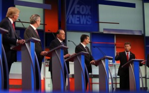 Republican presidential candidates from left, Donald Trump, Jeb Bush, Mike Huckabee, Ted Cruz and Rand Paul take the stage for the first Republican presidential debate at the Quicken Loans Arena Thursday, Aug. 6, 2015, in Cleveland. (AP Photo/Andrew Harnik) ORG XMIT: OTK