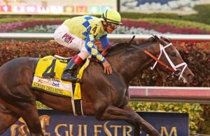 HALLANDALE BEACH, FL - APRIL 01:  #4 Always Dreaming (FL) wth jockey John Velazquez on board, wins the Xpressbet Florida Derby (Grade I) at Gulfstream Park on April 01, 2017 in Hallandale Beach, Florida. (Photo by Liz Lamont/Eclipse Sportswire/Getty Images)